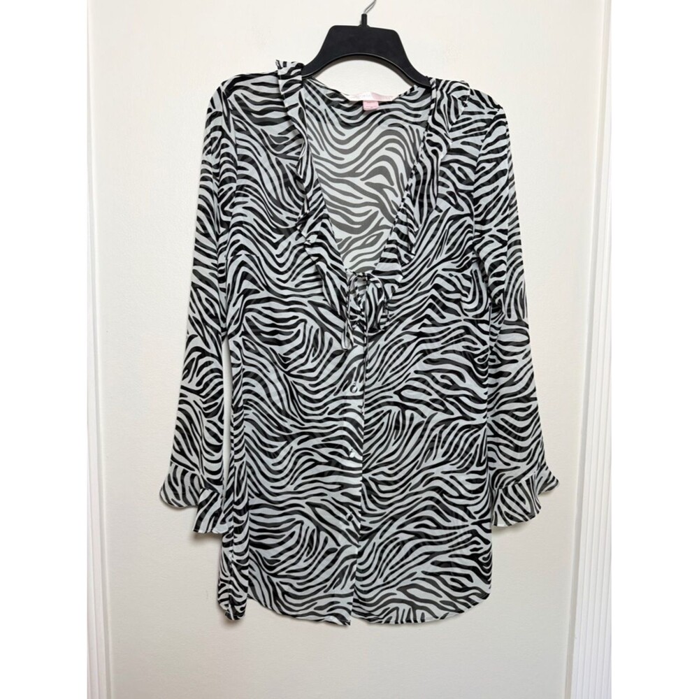 Victoria’s Secret Zebra Print Swim Cover Up Y2K Sheer Ruffle Tie Front Medium